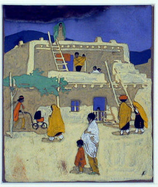 Gustave Baumann, San (Santo) Domingo Pueblo (study), ca. 1920, tempera on paper, 6 3/8 x 5 1/2 …