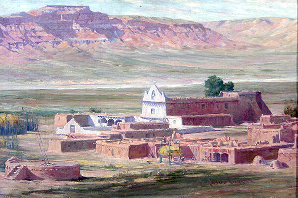 Carlos Vierra, San Ildefonso, circa 1917, oil on canvas, 15 3/8 × 22 3/4 in. Collection of the …