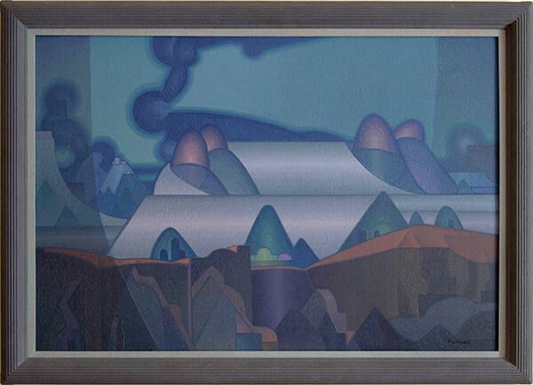 Raymond Jonson, Earth Rhythms #2, 1923, oil on canvas, 27 1/2 × 40 5/8 in. Collection of the Ne…