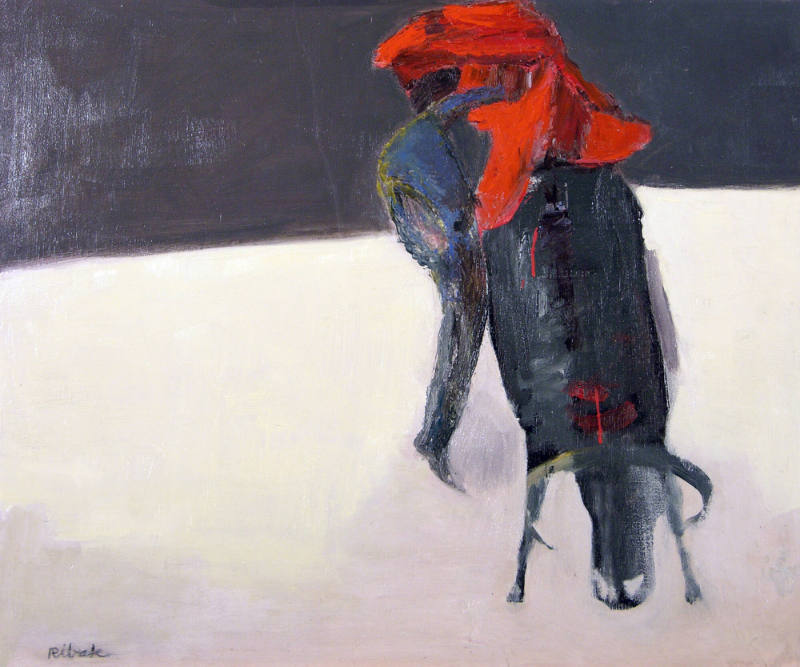 Louis Ribak, Untitled (bull fight), circa 1950, oil on Masonite, 20 x 24 1/4 in. Collection of …