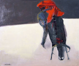 Louis Ribak, Untitled (bull fight), circa 1950, oil on Masonite, 20 x 24 1/4 in. Collection of …
