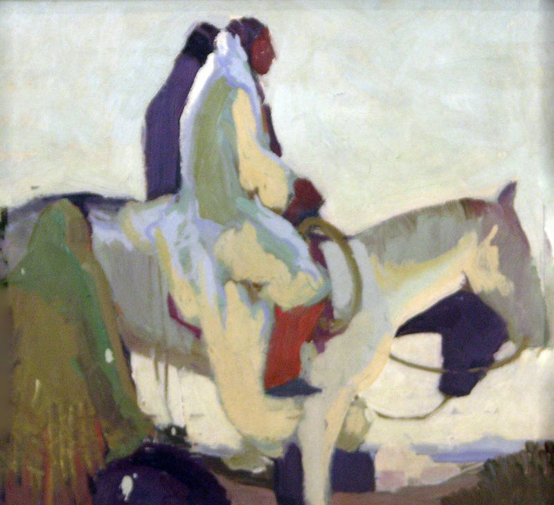 Victor Higgins, Fiesta Day, circa 1918, oil on paperboard, 12 3/8 x 13 1/2 in. Collection of th…