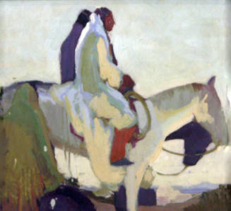 Victor Higgins, Fiesta Day, circa 1918, oil on paperboard, 12 3/8 x 13 1/2 in. Collection of th…