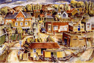 William Lumpkins, Anglo Village, 1934, watercolor and pencil on plaster on board, 48 × 72 1/2 i…