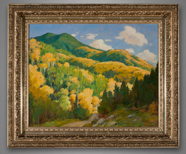 Joseph Henry Sharp, Aspens in Hondo Cañon Near Twining, n.d., oil on board, 15 15/16 x 19 15/16…