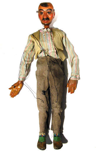 Gustave Baumann, Juan, ca. 1940, Suede, leather, painted wood, metal loops and string, 20 x 6 x…