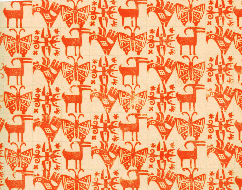 Gustave Baumann, Butterflies, Parrots and Goat Endpaper Design, circa 1937, color woodcut, 6 3/…
