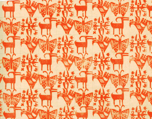 Gustave Baumann, Butterflies, Parrots and Goat Endpaper Design, circa 1937, color woodcut, 6 3/…