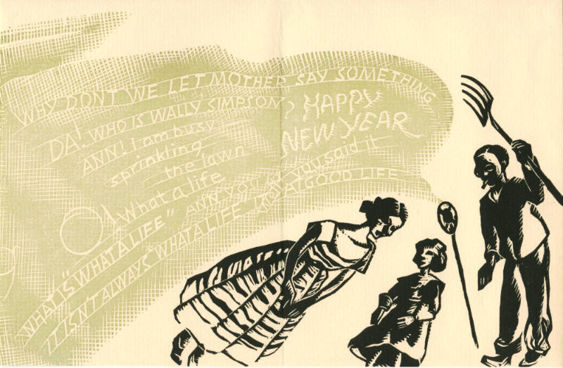 Gustave Baumann, Greeting Card for 1937: "New Year Broadcast" (interior), 1936, color woodcut, …