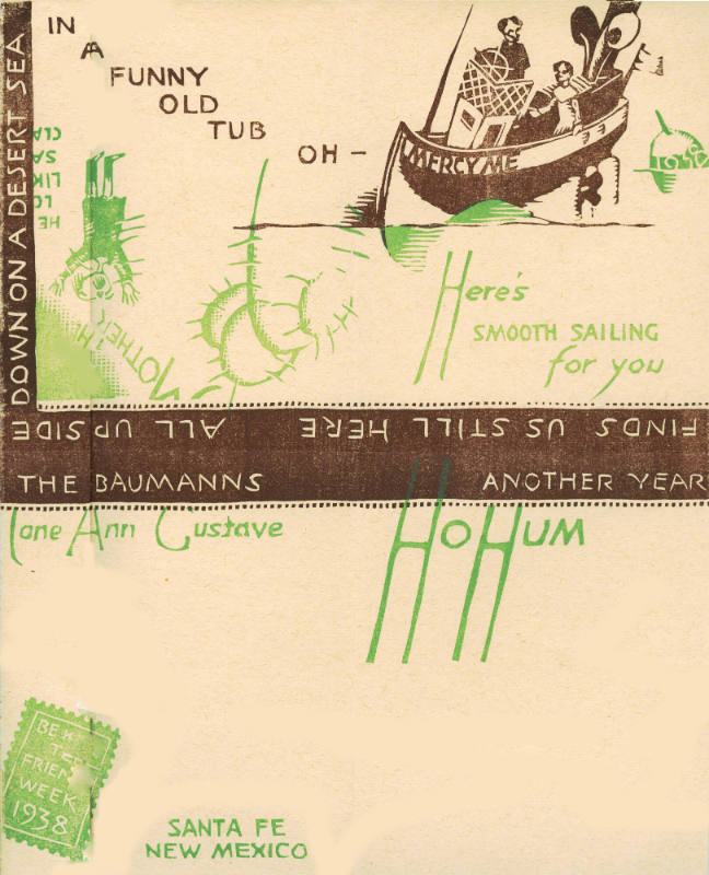 Greeting Card for 1938: "In a funny old tub"