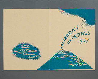 Gustave Baumann, Greeting Card for 1937: "Hollerday Greetings" (cover), 1937, color woodcut, 6 …