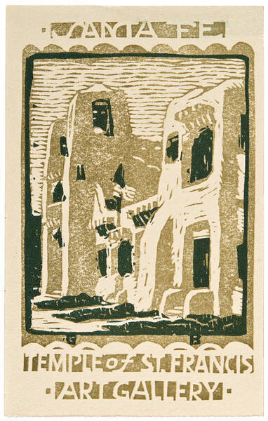 Gustave Baumann, Postcards of Santa Fe: Temple of St. Francis Art Gallery, 1920, color woodcut,…