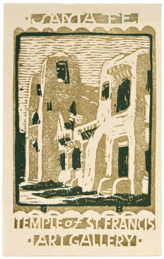 Gustave Baumann, Postcards of Santa Fe: Temple of St. Francis Art Gallery, 1920, color woodcut,…