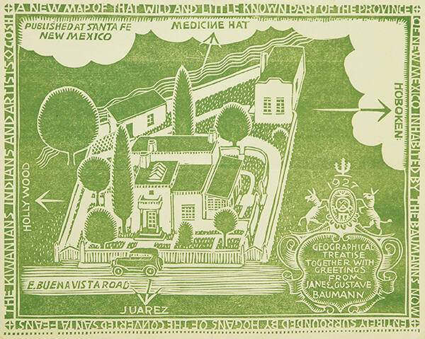 Gustave Baumann, A Greeting Card for 1927: "Geographical Treatise", 1927, color woodcut, 8 13/1…