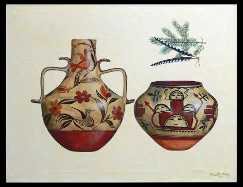 Two Pueblo Jars with Dance (Hawk) Feathers