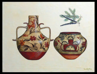 Two Pueblo Jars with Dance (Hawk) Feathers