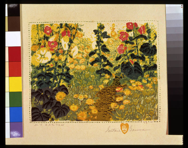 Gustave Baumann, My Garden, 1924, color woodcut, 6 × 7 5/8 in. Collection of the New Mexico Mus…
