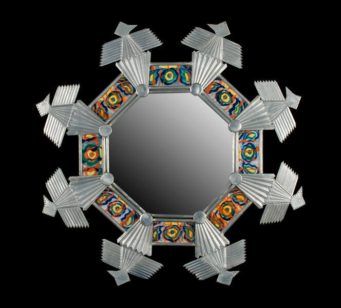 Robert Woodman, Thunderbird Mirror, circa 1945, tin, painted glass and mirror, 27 1/2 x 27 x 1/…