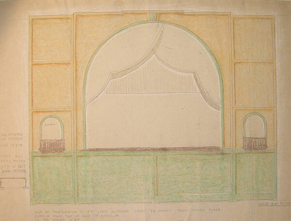 Gustave Baumann, Proscenium stage, ca. 1930-1940, Pencil and colored pencil on paper, Image: 18…