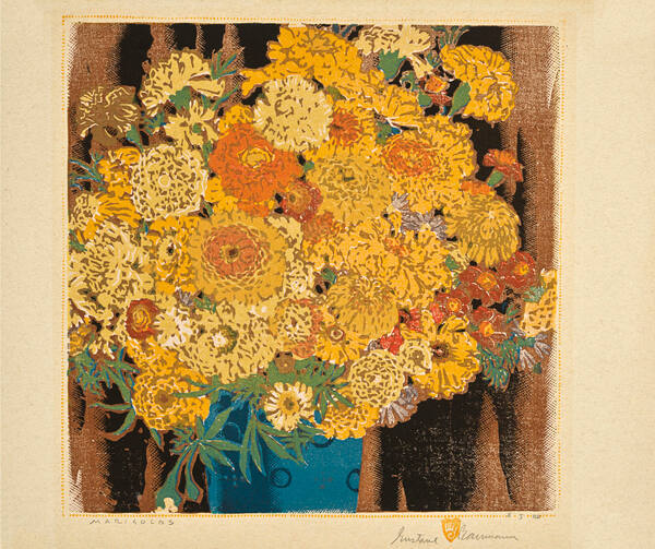 Gustave Baumann, Marigolds, 1929, color woodcut, 12 3/4 x 12 3/4 in. Collection of the New Mexi…